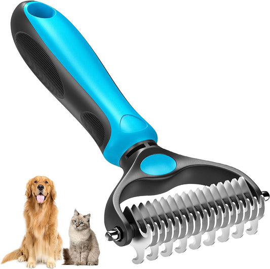 Pet Grooming Brush, Double Sided Shedding and Dematting Undercoat Rake Comb for Dogs and Cats, Dog Grooming Rakes Tool for Mats & Tangles Removing, Extra Wide, Safe, Effective, Comfort